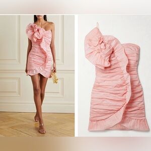 New! LoveShackFancy Brenaya one Shoulder Ruffled Taffeta Pink Mini Dress 🌸